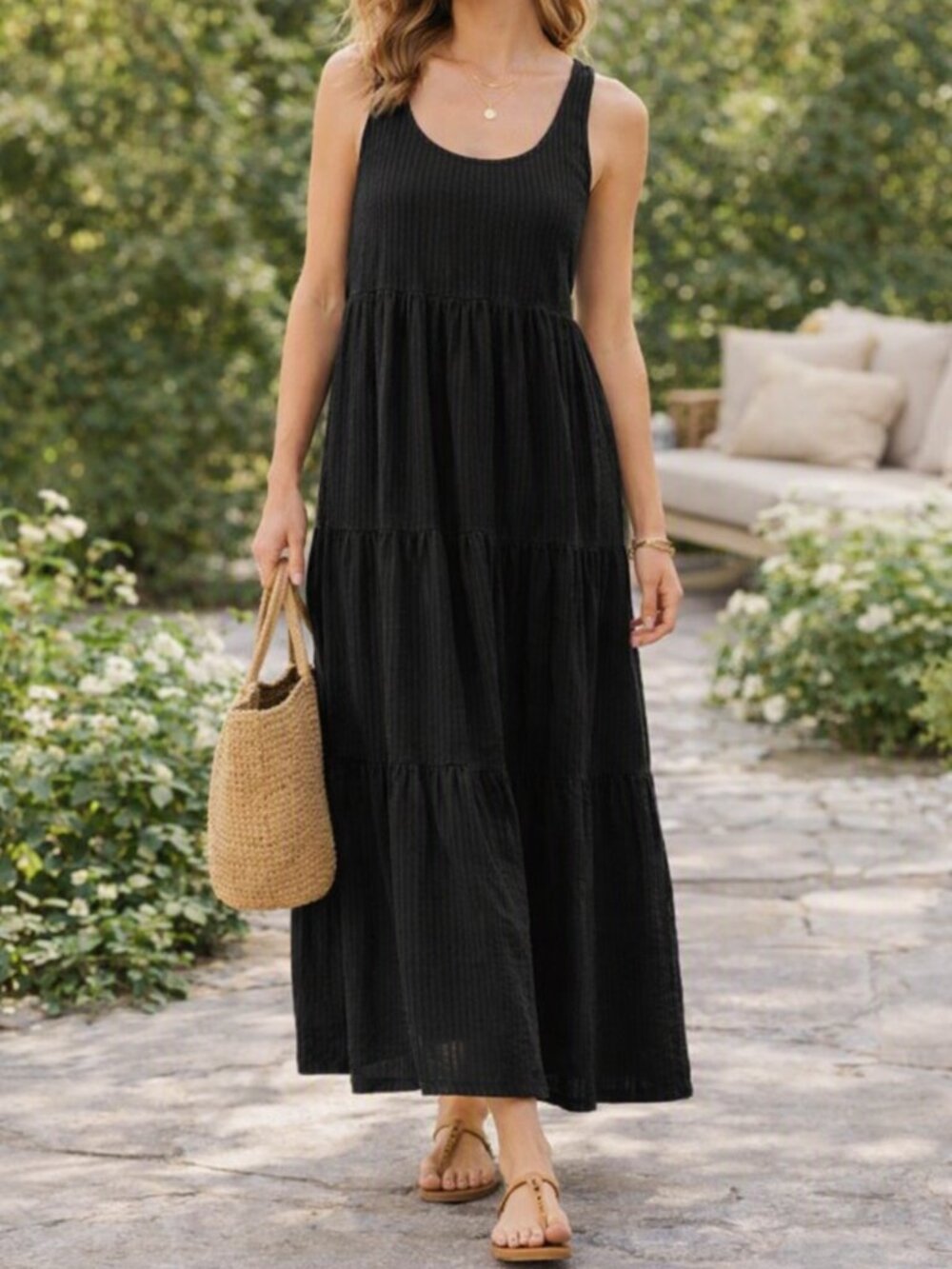 J. Jill Sleeveless Black Tiered Maxi Dress - Classic Everyday Style